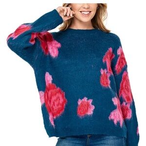 NWT Koko + Mason Blue floral printed sweater. Blue w/pink cabbage roses. Size M
